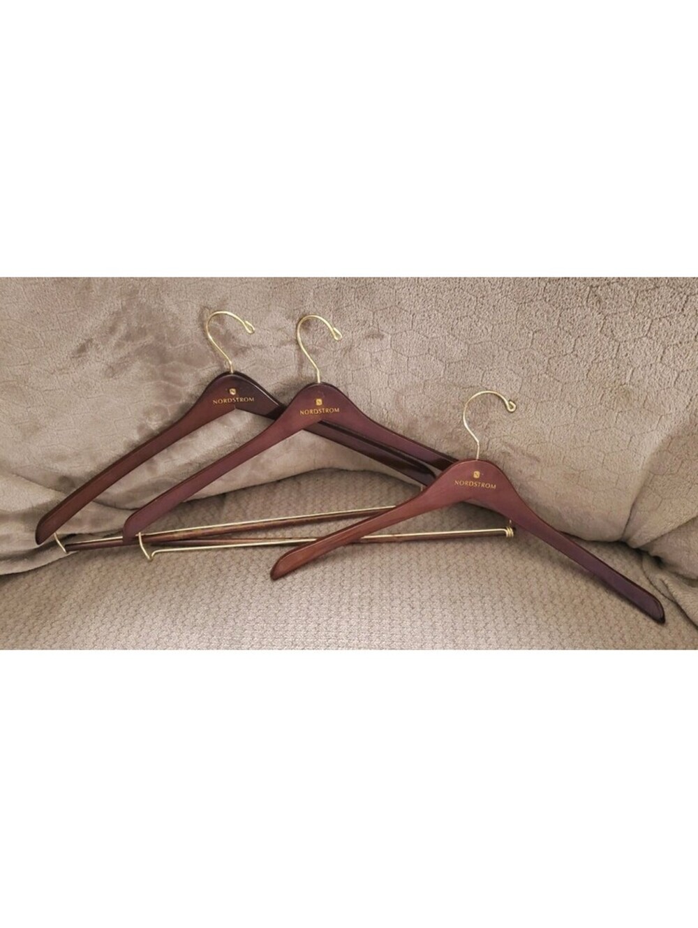 VTG Nordstrom Wooden Suit Hangers (3) Mahogany Finish Gold Hardware Pant Bar